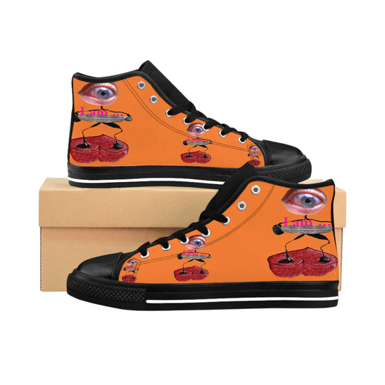 I Am – Women’s High-Top Canvas Sneakers with Surreal Eye Figure Art – Bright Orange Background