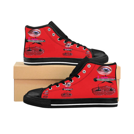 I Am – Men’s High-Top Canvas Sneakers with Surreal Eye Figure Art – Red Background