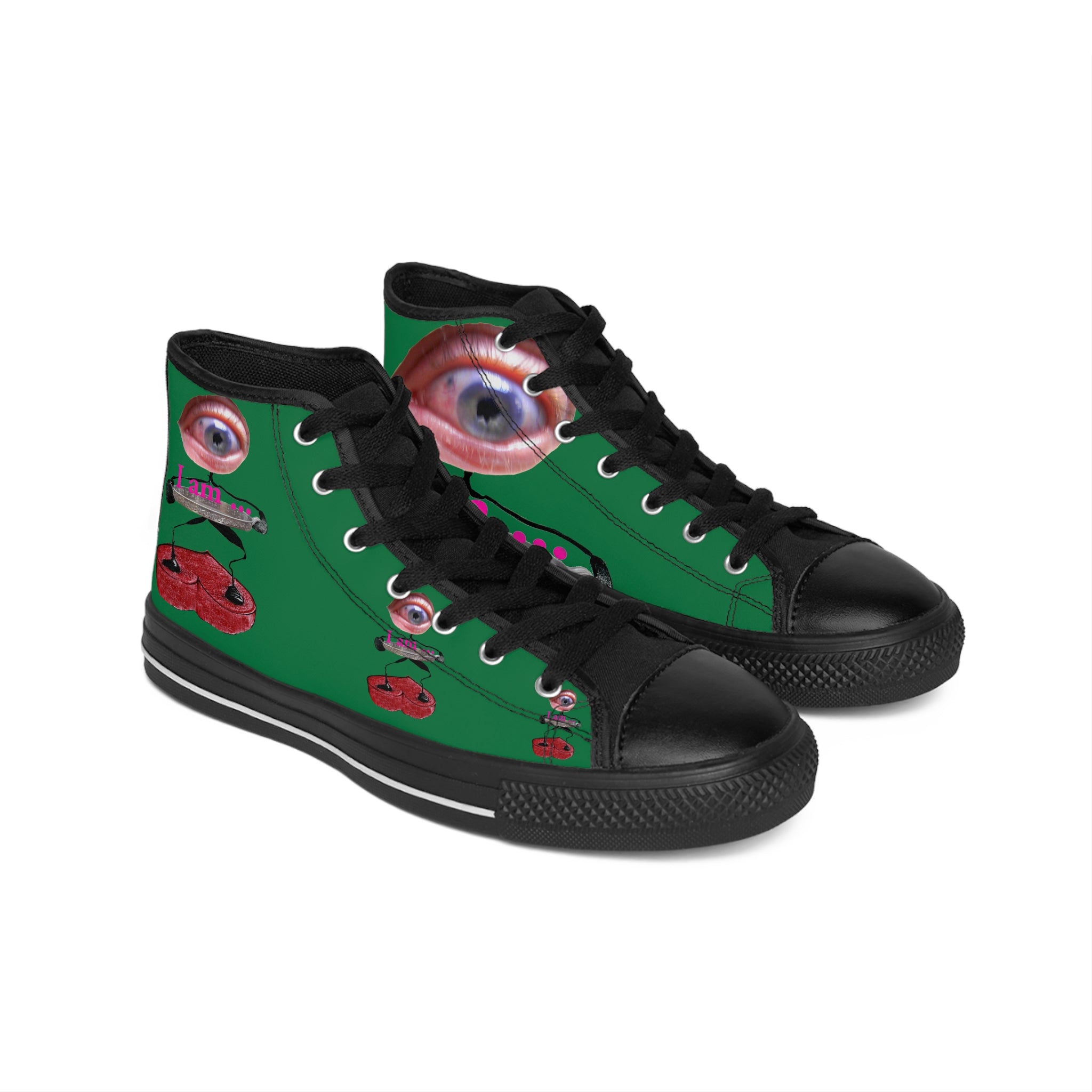 I Am – Men’s High-Top Canvas Sneakers with Surreal Eye Figure Art – Dark Green Background