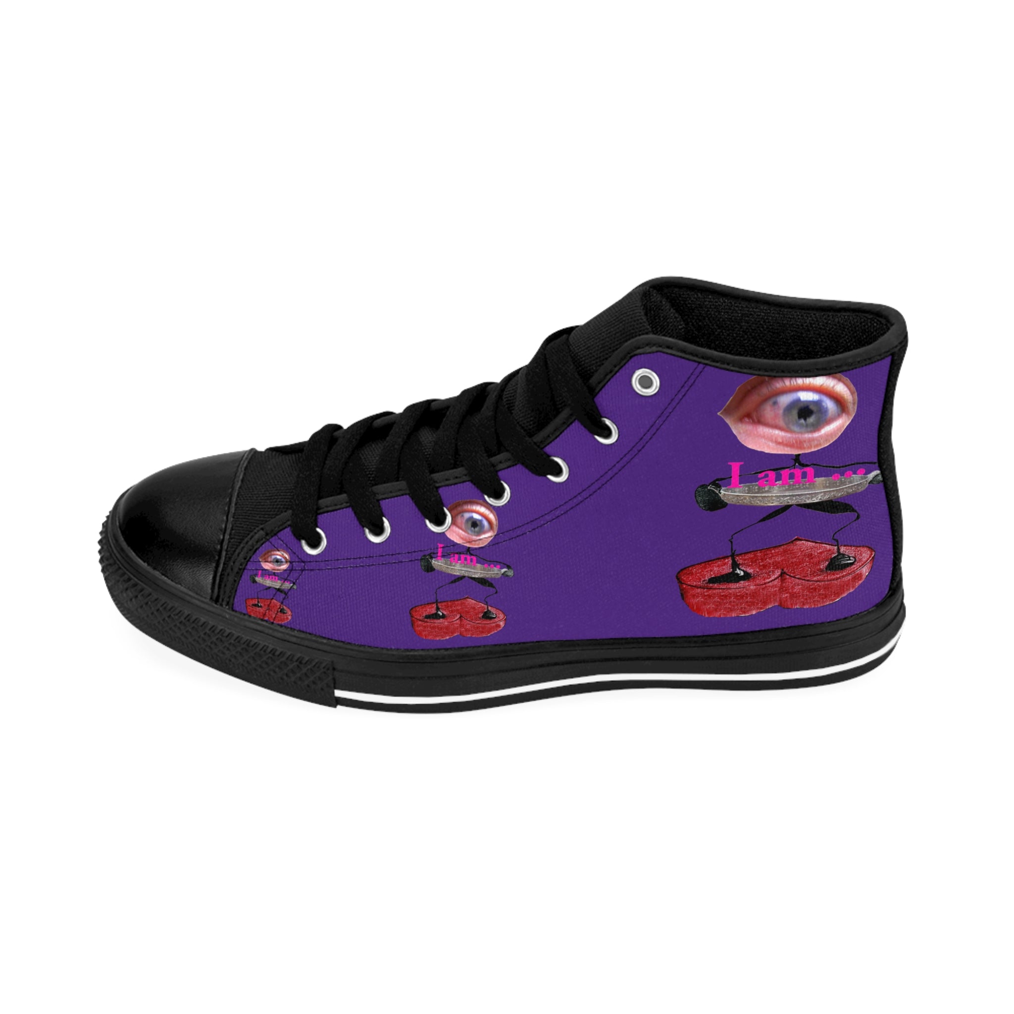I Am – Men’s High-Top Canvas Sneakers with Surreal Eye Figure Art – Dark Purple Background