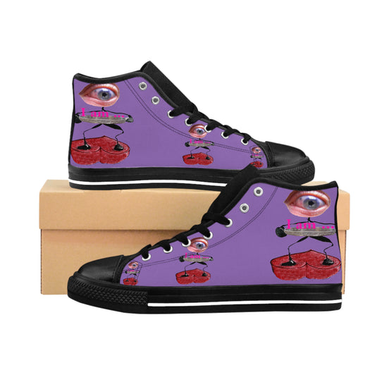 I Am – Women’s High-Top Canvas Sneakers with Surreal Eye Figure Art – Light Purple Background