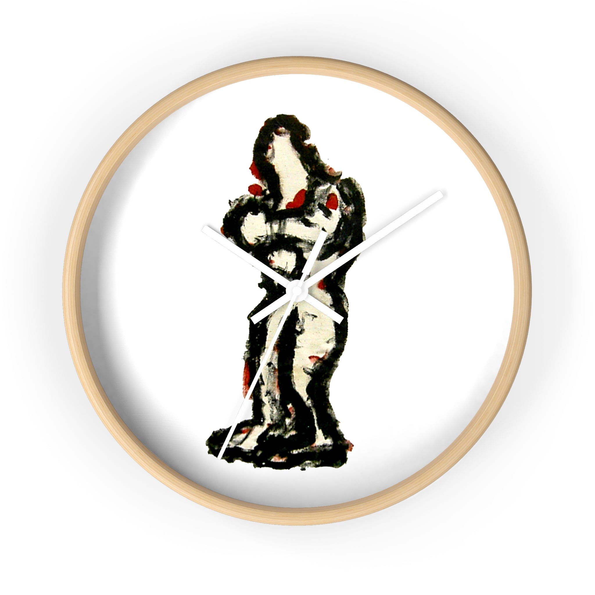 Front view of In-Tense 10-inch designer wall clock with black-and-rust figure drawing on a white clock face