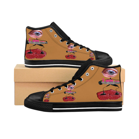 I Am – Women’s High-Top Canvas Sneakers with Surreal Eye Figure Art – Light Brown Background