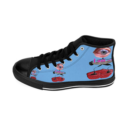 I Am – Women’s High-Top Canvas Sneakers with Surreal Eye Figure Art – Light Blue Background