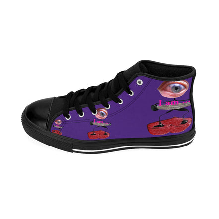 I Am – Women’s High-Top Canvas Sneakers with Surreal Eye Figure Art – Dark Purple Background