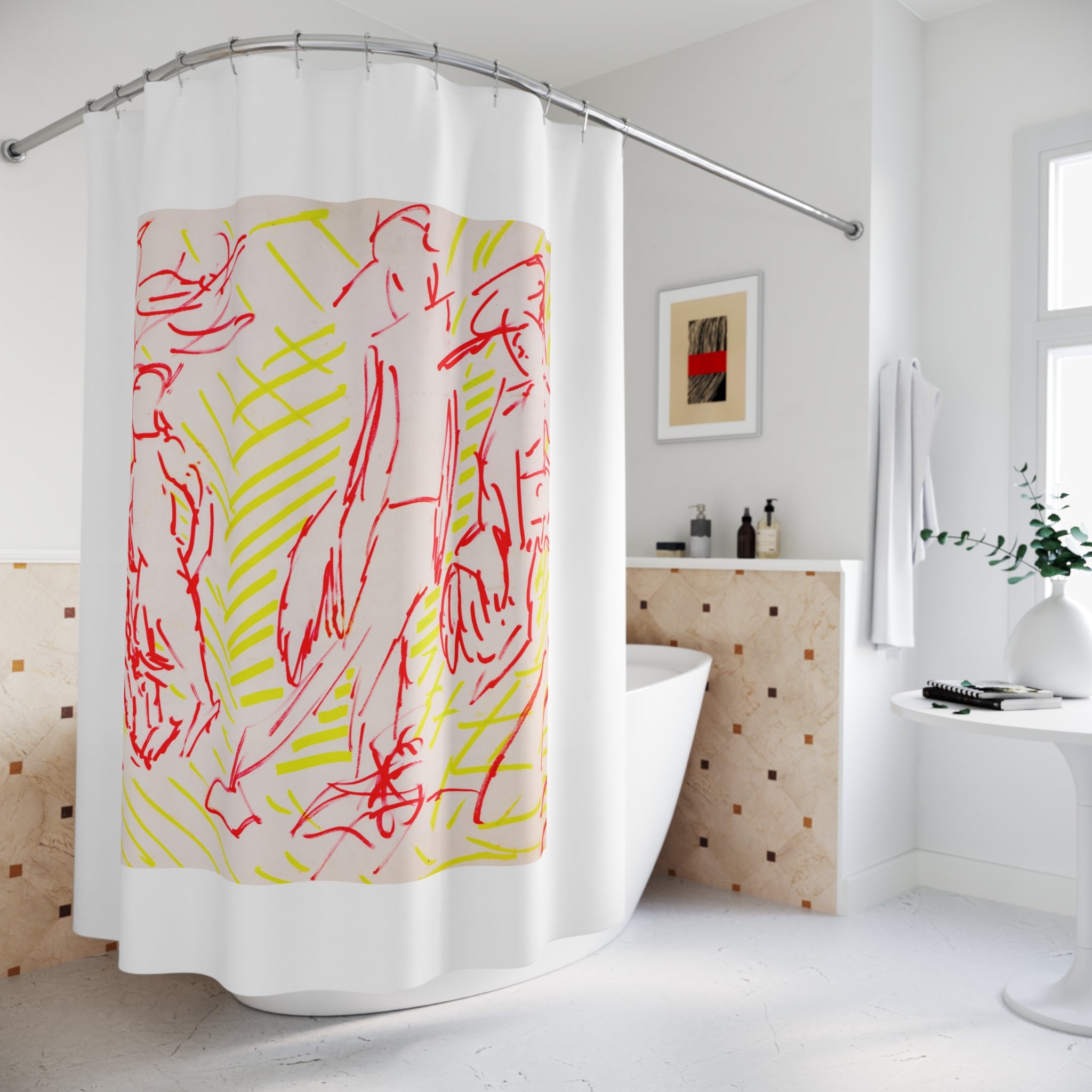 Ballgame 2 Designer Shower Curtain — Red Line Figures & Neon Yellow Hatch