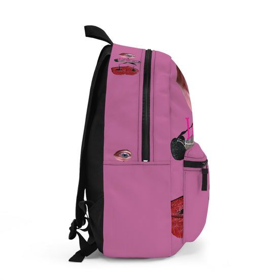 Surreal Eye Character Backpack — “I am…” Art Print School Bag (pink)