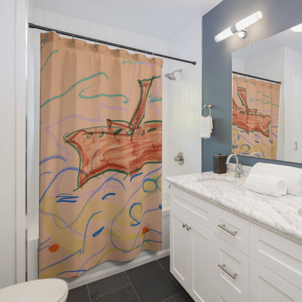 Boat Sketch Shower Curtain — Hand-Drawn Seaside Waves Bathroom Decor