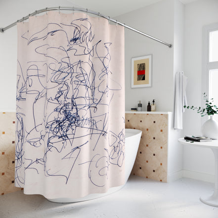 Shower Curtain — Abstract Blue Scribble on Blush Background