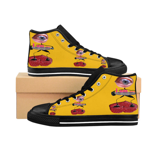 I Am – Women’s High-Top Canvas Sneakers with Surreal Eye Figure Art – Golden Yellow Background