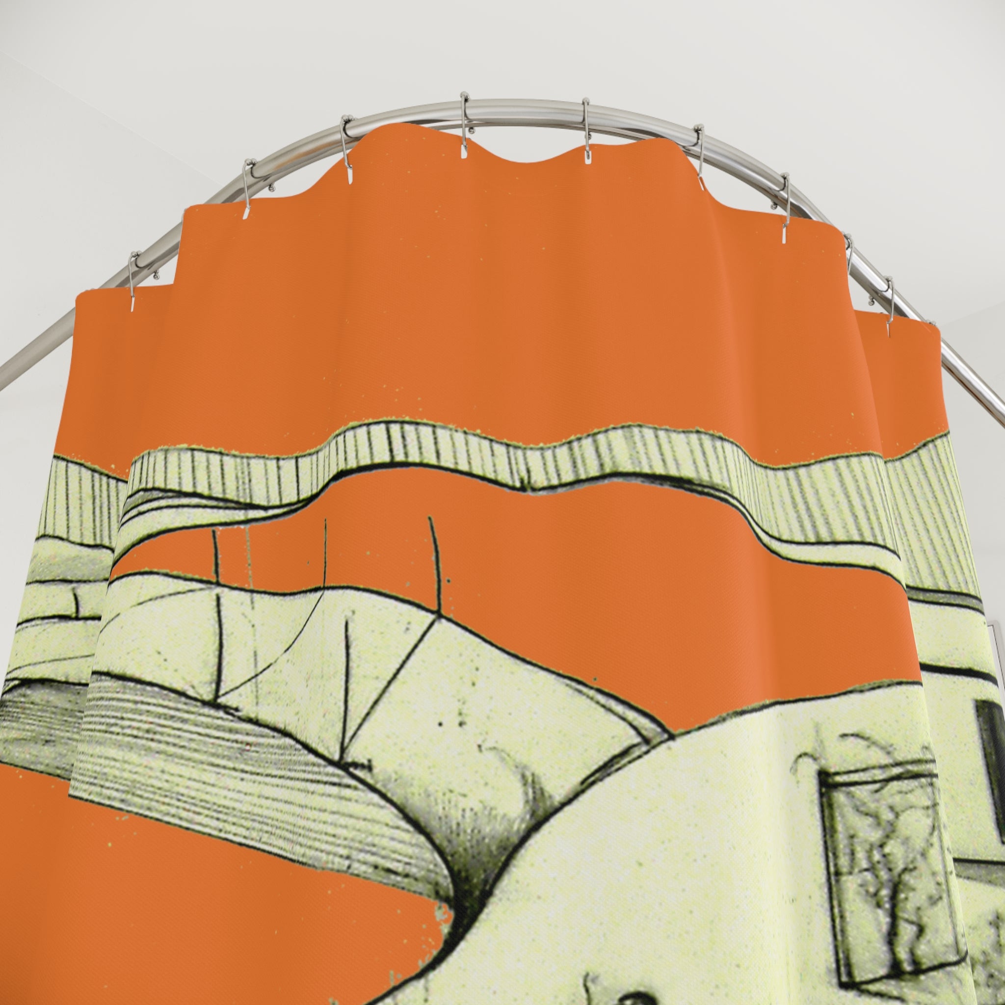 Tuscan — Hand-Drawn Landscape Shower Curtain (Orange)