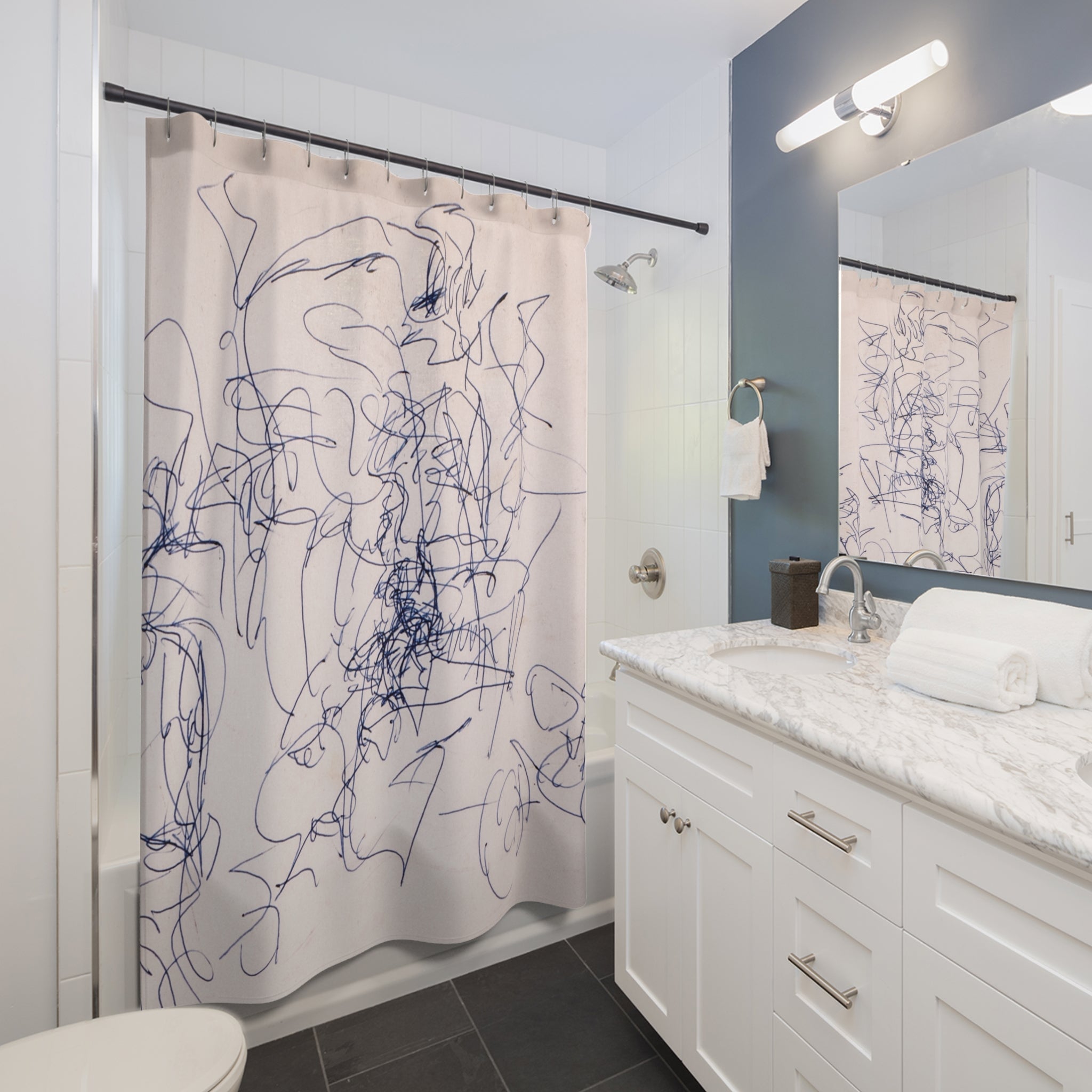 Shower Curtain — Abstract Blue Scribble on Blush Background
