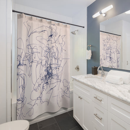 Shower Curtain — Abstract Blue Scribble on Blush Background