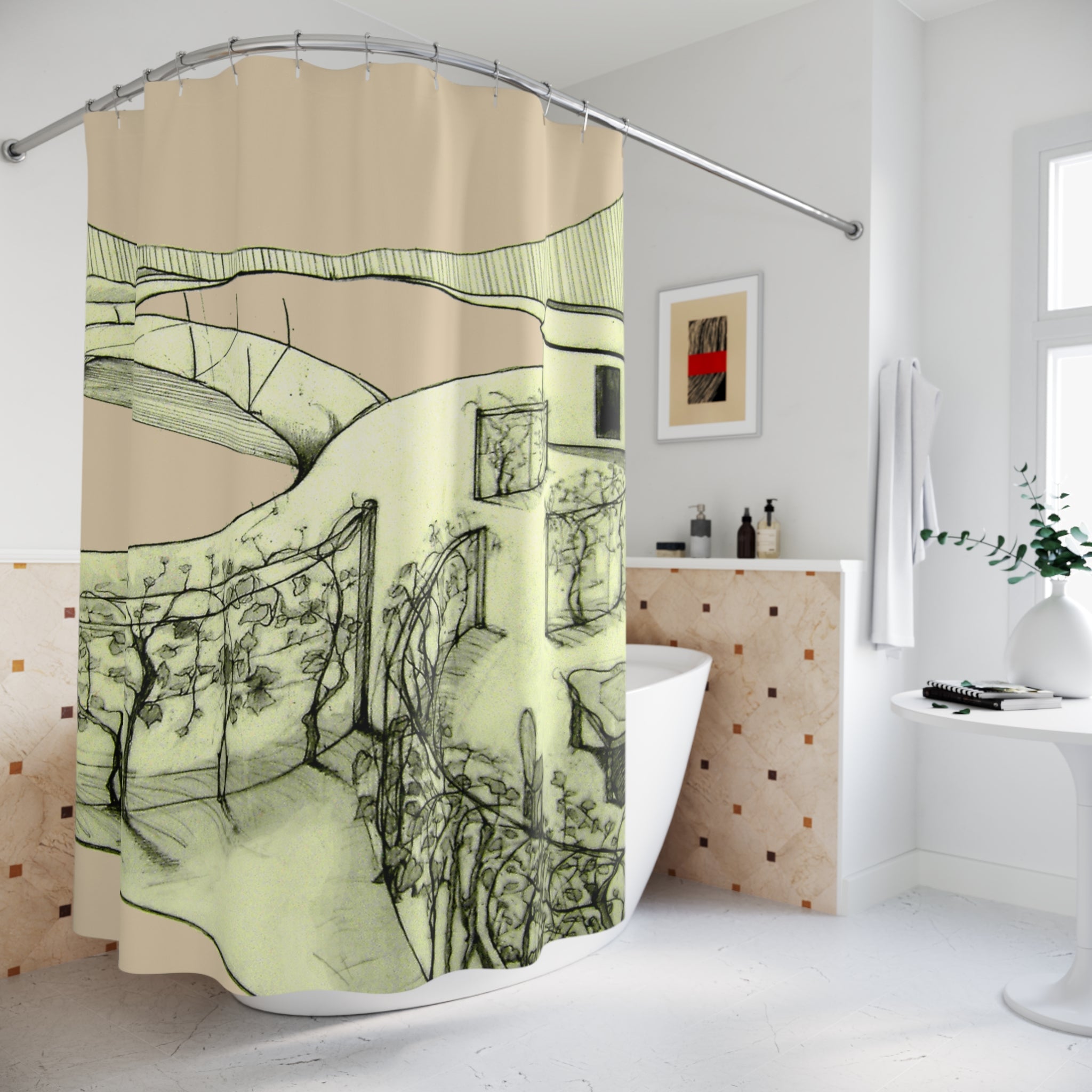 Tuscan — Hand-Drawn Landscape Shower Curtain (creme)