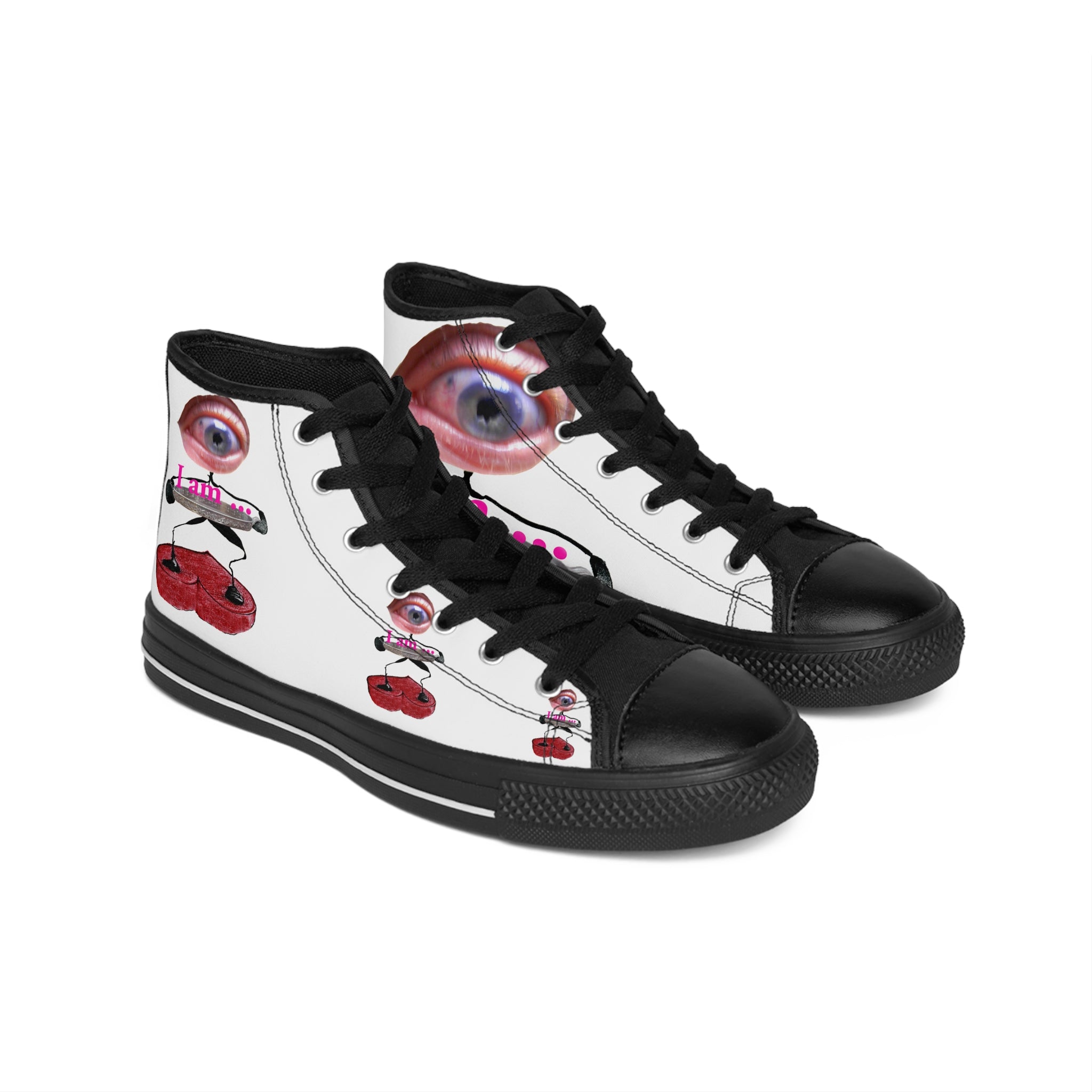 I Am – Men’s High-Top Canvas Sneakers with Surreal Eye Figure Art – White Background