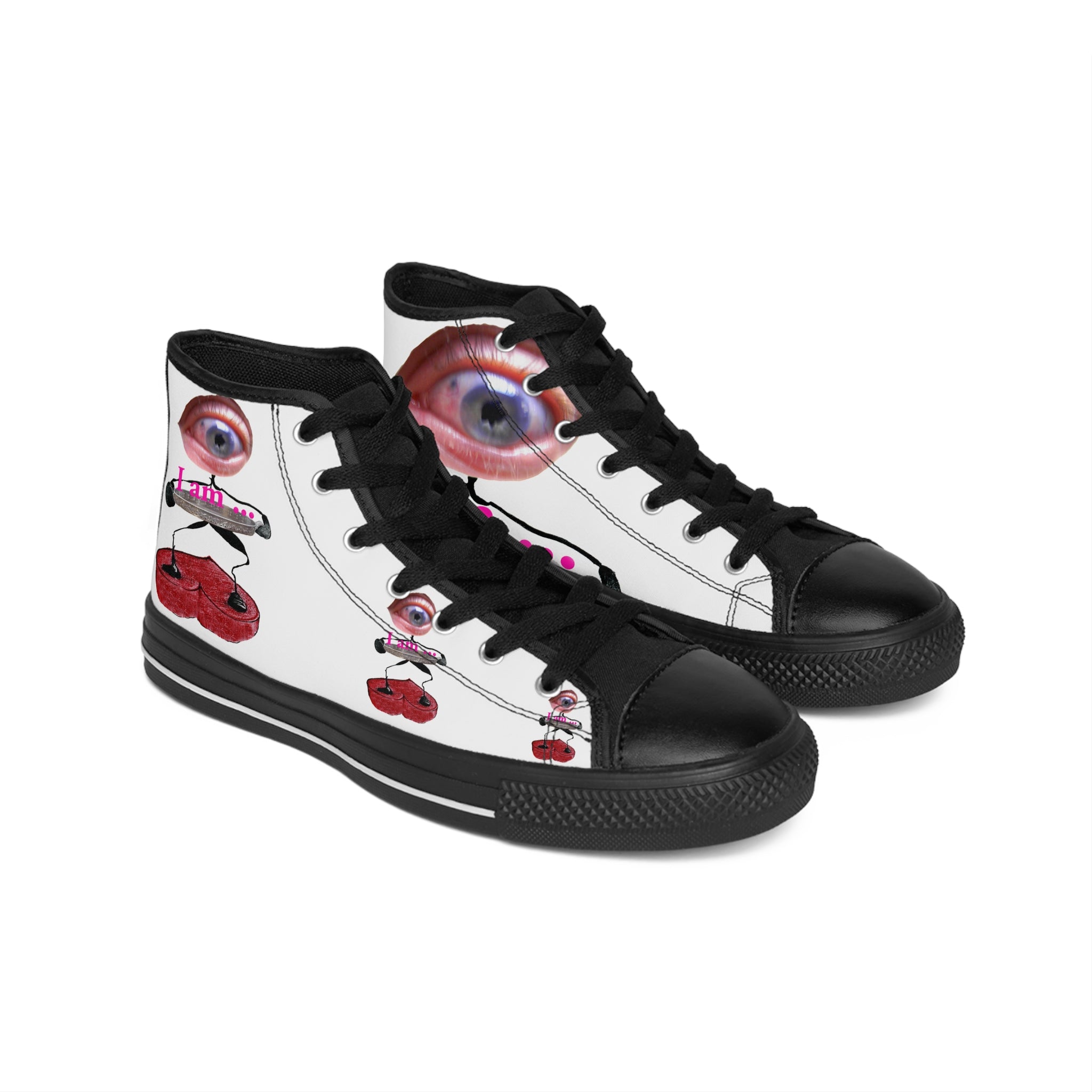 I Am – Women’s High-Top Canvas Sneakers with Surreal Eye Figure Art – White Background