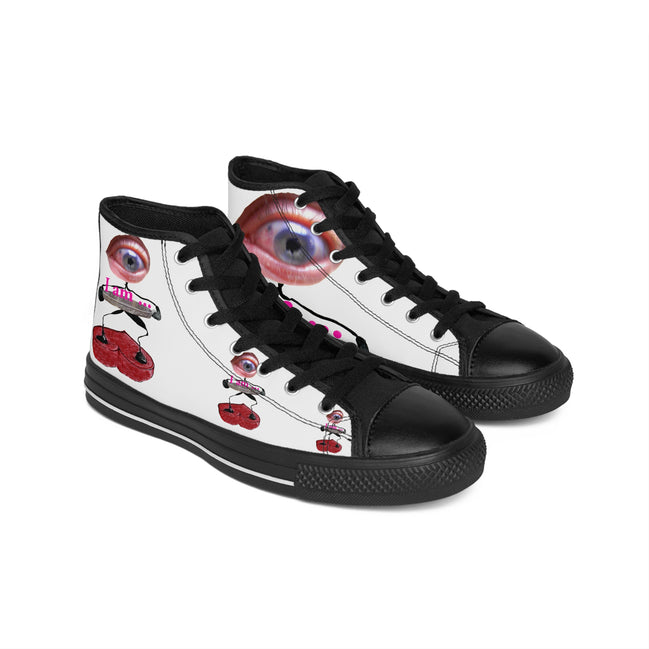 I Am – Women’s High-Top Canvas Sneakers with Surreal Eye Figure Art – White Background