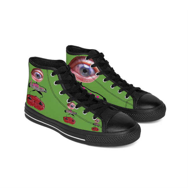 I Am – Women’s High-Top Canvas Sneakers with Surreal Eye Figure Art – Green Background
