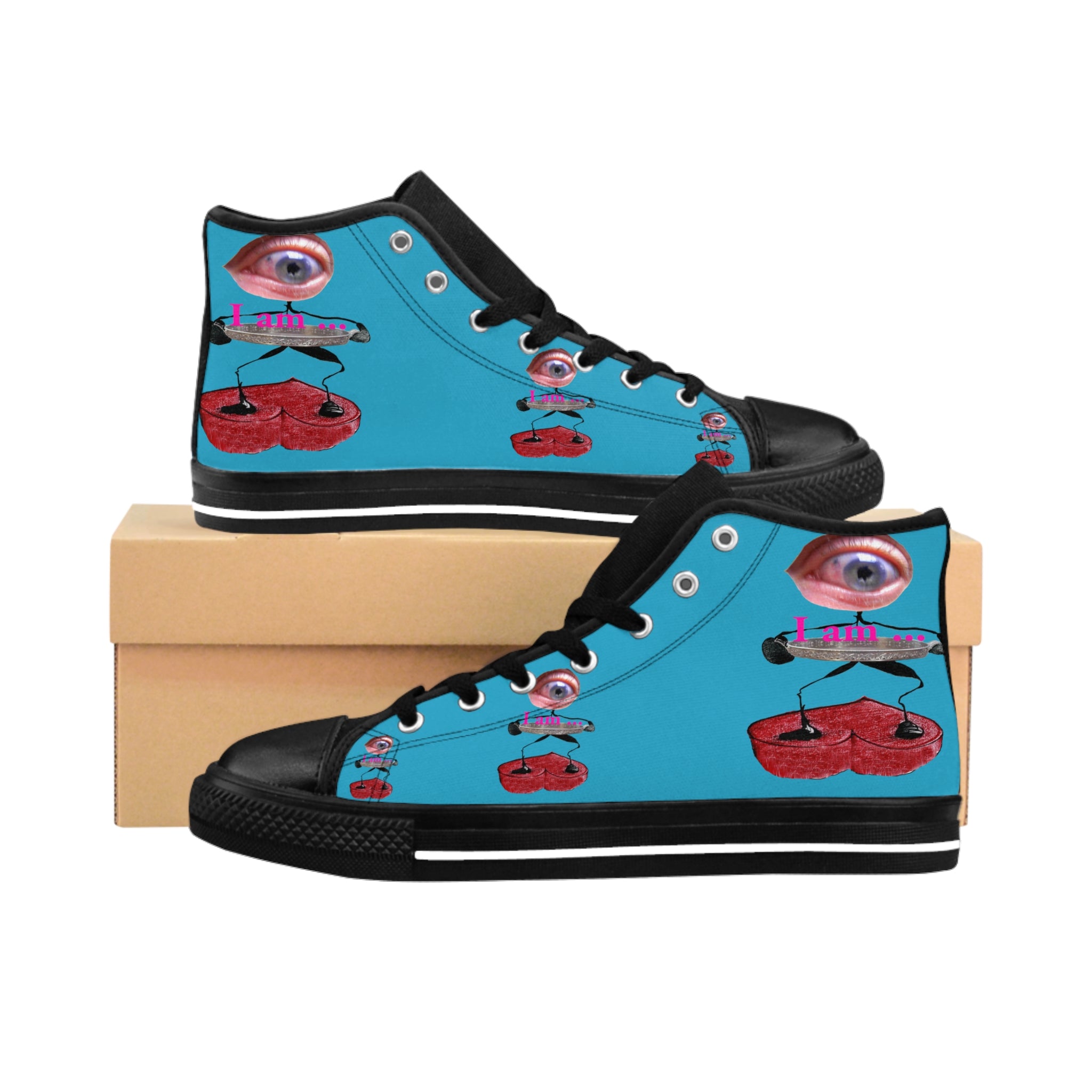 I Am – Men’s High-Top Canvas Sneakers with Surreal Eye Figure Art – Turquoise Background