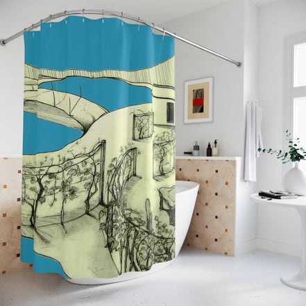 Tuscan — Hand-Drawn Landscape Shower Curtain (Turquoise)