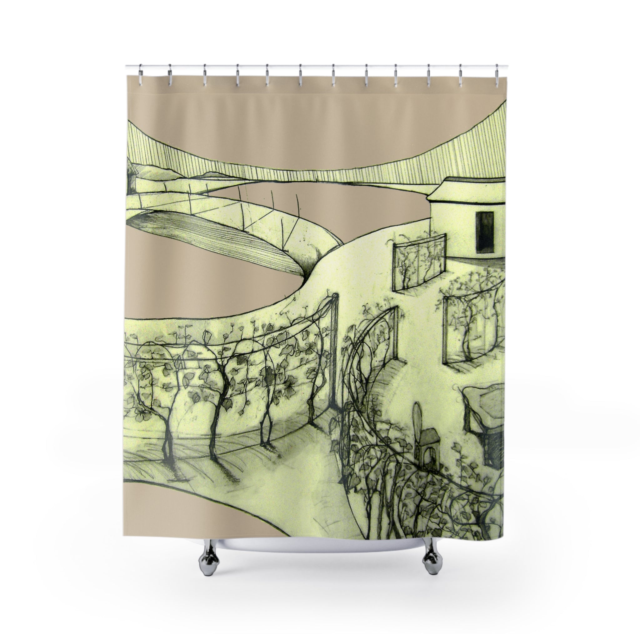 Tuscan — Hand-Drawn Landscape Shower Curtain (Creme)