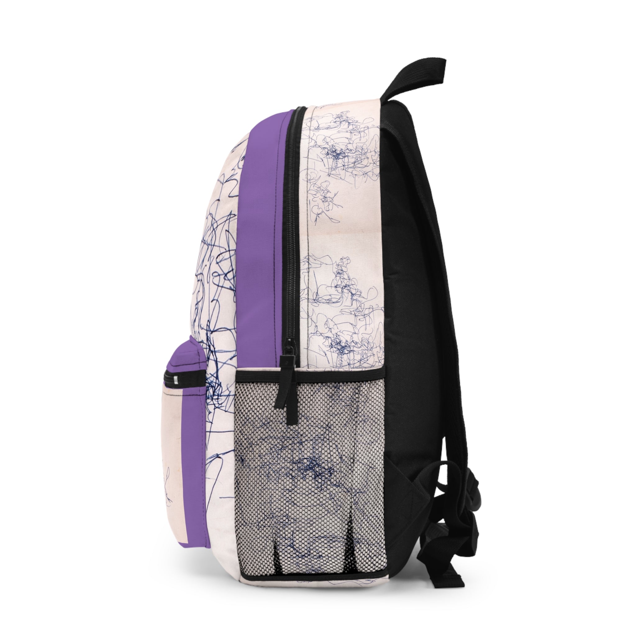 Abstract Ink Sketch Backpack — Minimalist Doodle Front Pocket Bag (light purple)