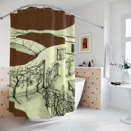 Tuscan — Hand-Drawn Landscape Shower Curtain (Dark Brown)