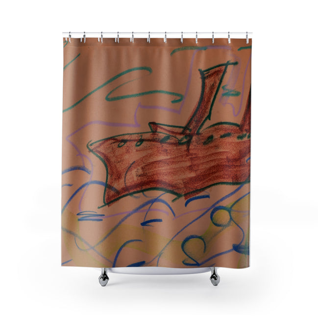 Hand-Drawn Canoe Shower Curtain — Rustic Boat on Wavy Lake Bathroom Decor
