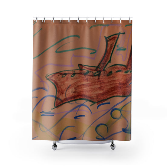 Hand-Drawn Canoe Shower Curtain — Rustic Boat on Wavy Lake Bathroom Decor