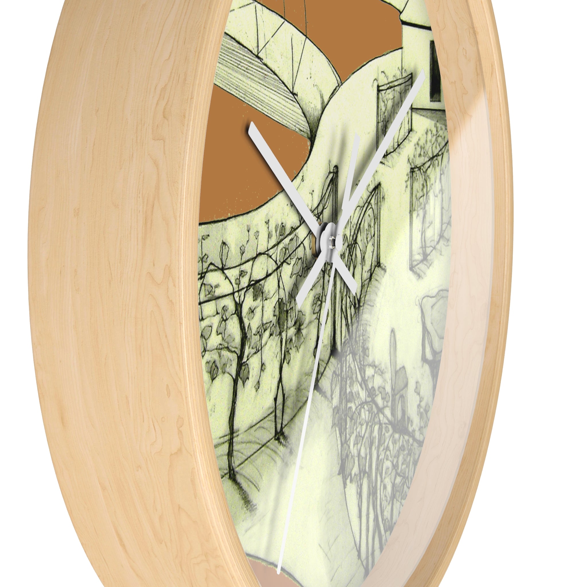 Tuscan — Hand-Drawn Landscape Designer Wall Clock (Light Brown)