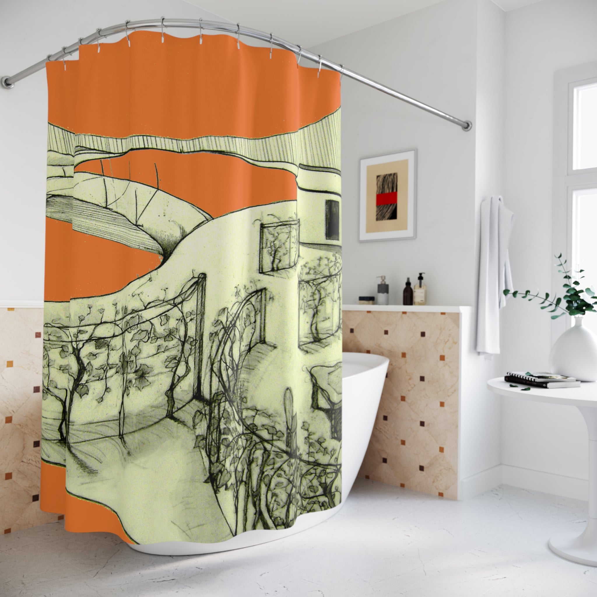 Tuscan — Hand-Drawn Landscape Shower Curtain (Orange)