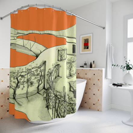 Tuscan — Hand-Drawn Landscape Shower Curtain (Orange)