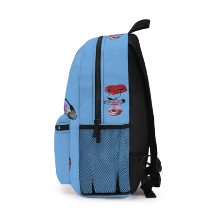 Surreal Eye Character Backpack — “I am…” Art Print School Bag (light blue)