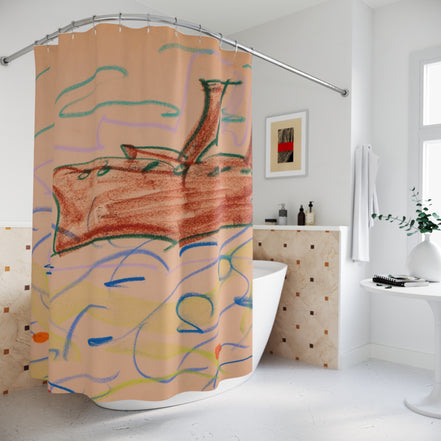 Boat Sketch Shower Curtain — Hand-Drawn Seaside Waves Bathroom Decor