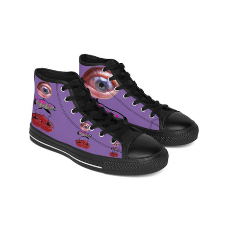 I Am – Women’s High-Top Canvas Sneakers with Surreal Eye Figure Art – Light Purple Background