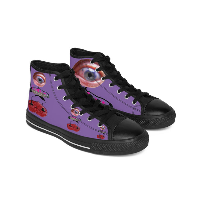 I Am – Women’s High-Top Canvas Sneakers with Surreal Eye Figure Art – Light Purple Background