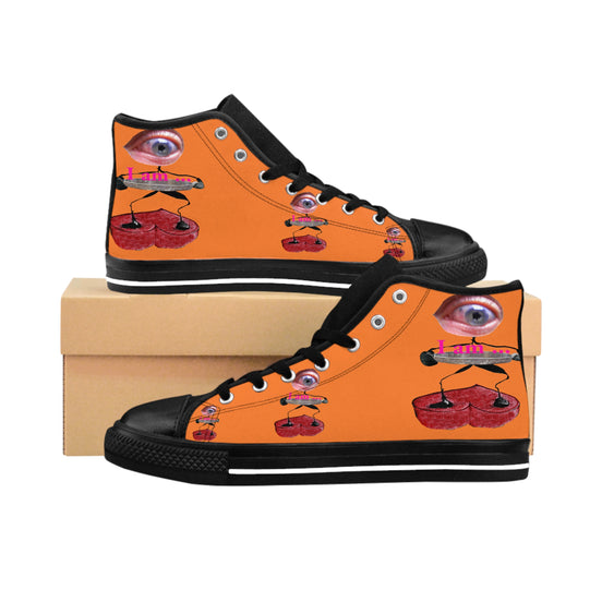 I Am – Men’s High-Top Canvas Sneakers with Surreal Eye Figure Art – Bright Orange Background