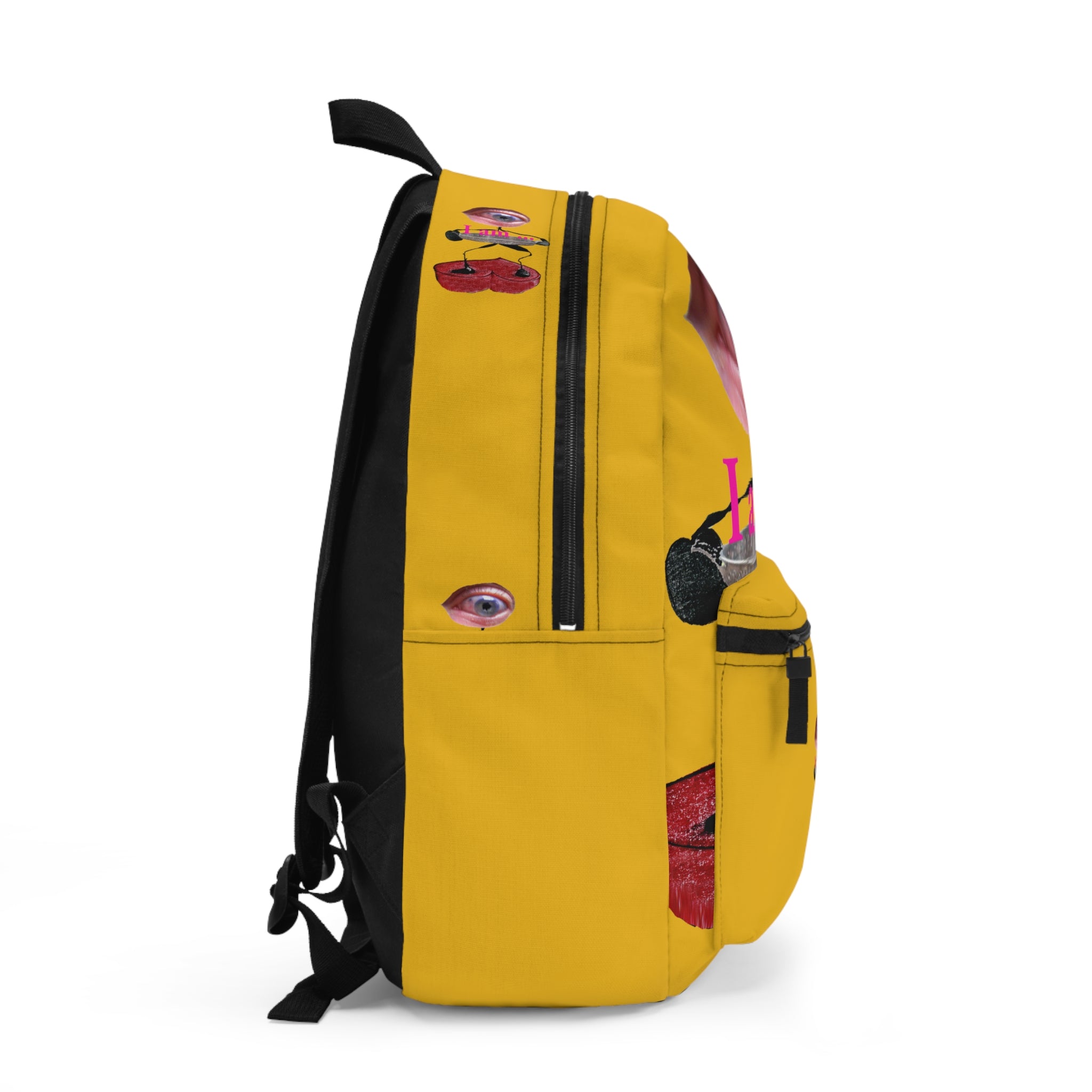 Surreal Eye Character Backpack — “I am…” Art Print School Bag (yellow)