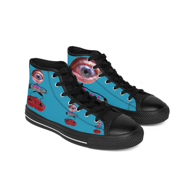 I Am – Men’s High-Top Canvas Sneakers with Surreal Eye Figure Art – Turquoise Background