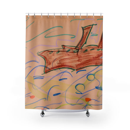 Boat Sketch Shower Curtain — Hand-Drawn Seaside Waves Bathroom Decor