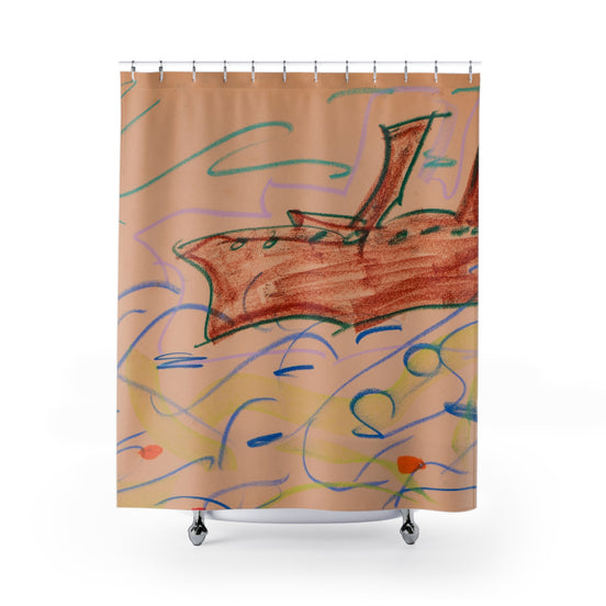 Boat Sketch Shower Curtain — Hand-Drawn Seaside Waves Bathroom Decor