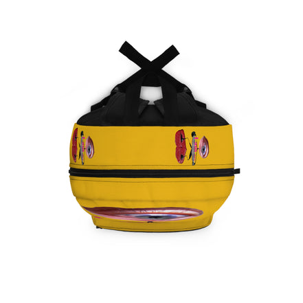 Surreal Eye Character Backpack — “I am…” Art Print School Bag (yellow)