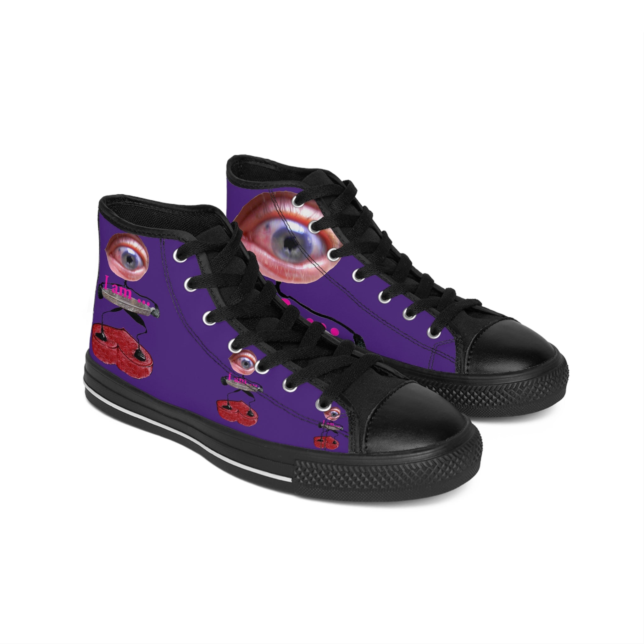 I Am – Women’s High-Top Canvas Sneakers with Surreal Eye Figure Art – Dark Purple Background