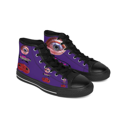 I Am – Women’s High-Top Canvas Sneakers with Surreal Eye Figure Art – Dark Purple Background