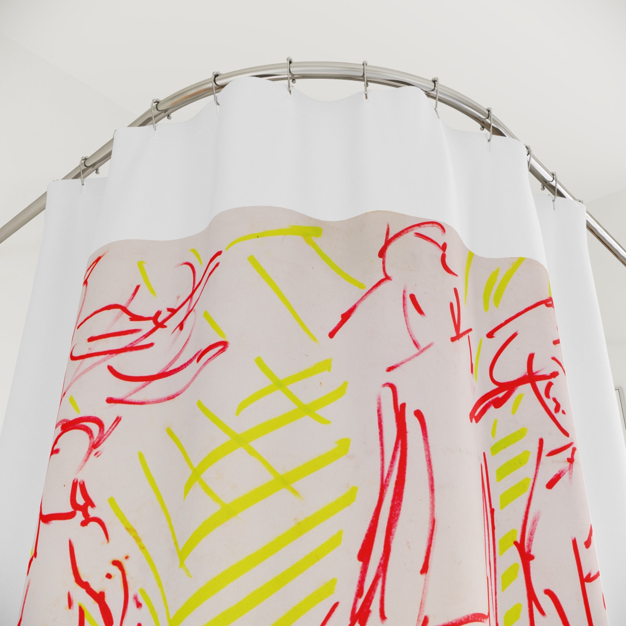 Ballgame 2 Designer Shower Curtain — Red Line Figures & Neon Yellow Hatch