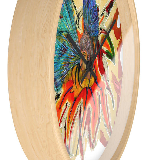 Side angle view of Bee Pollen Bloom 10-inch designer wall clock showing pale wood frame and bee-and-petals artwork