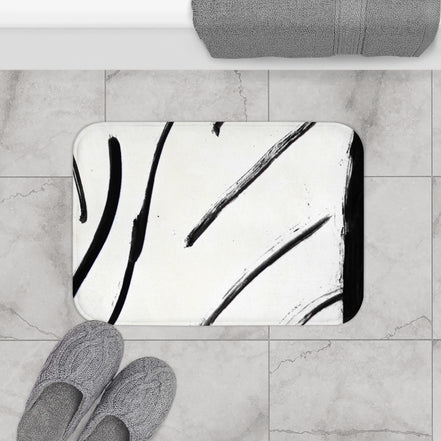 Monochrome Brushstroke Bath Mat — Minimal Black & White Bathroom Rug