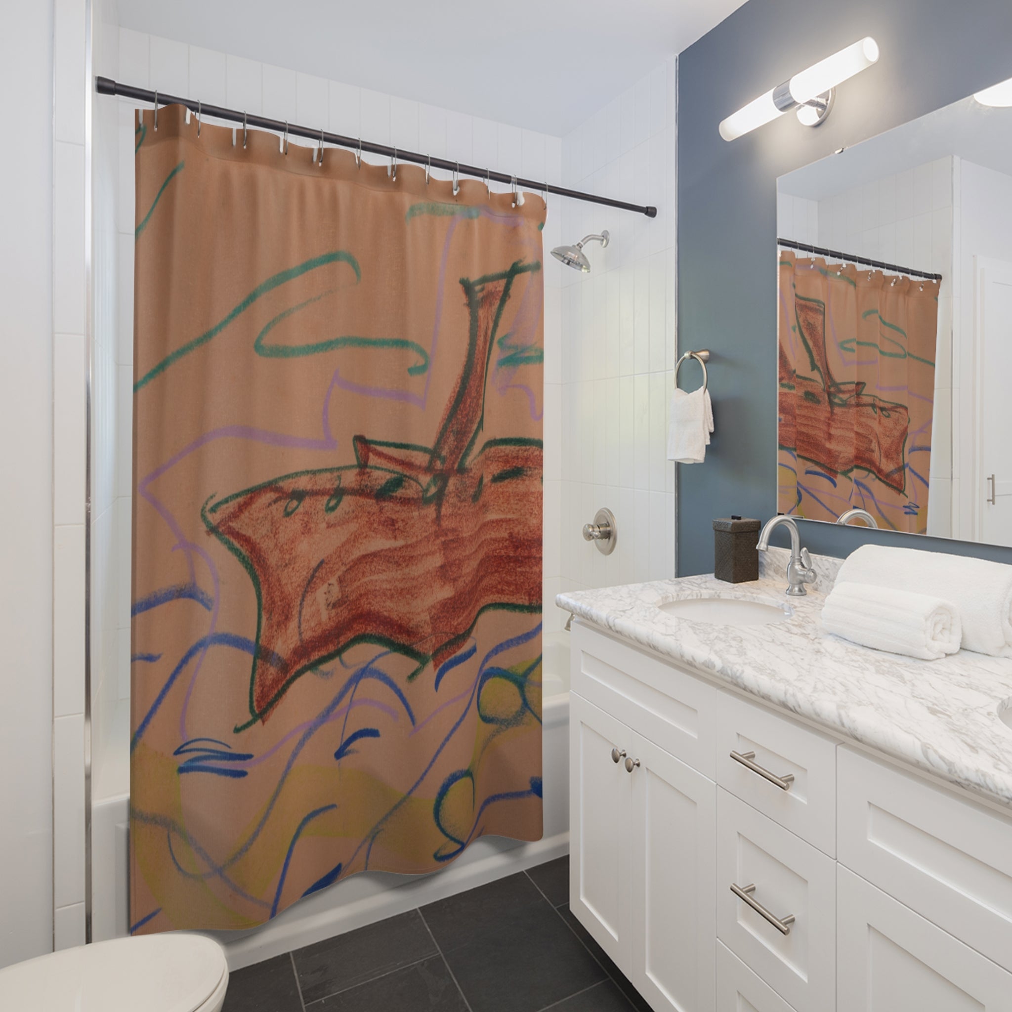 Hand-Drawn Canoe Shower Curtain — Rustic Boat on Wavy Lake Bathroom Decor