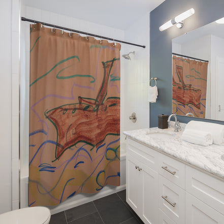 Hand-Drawn Canoe Shower Curtain — Rustic Boat on Wavy Lake Bathroom Decor