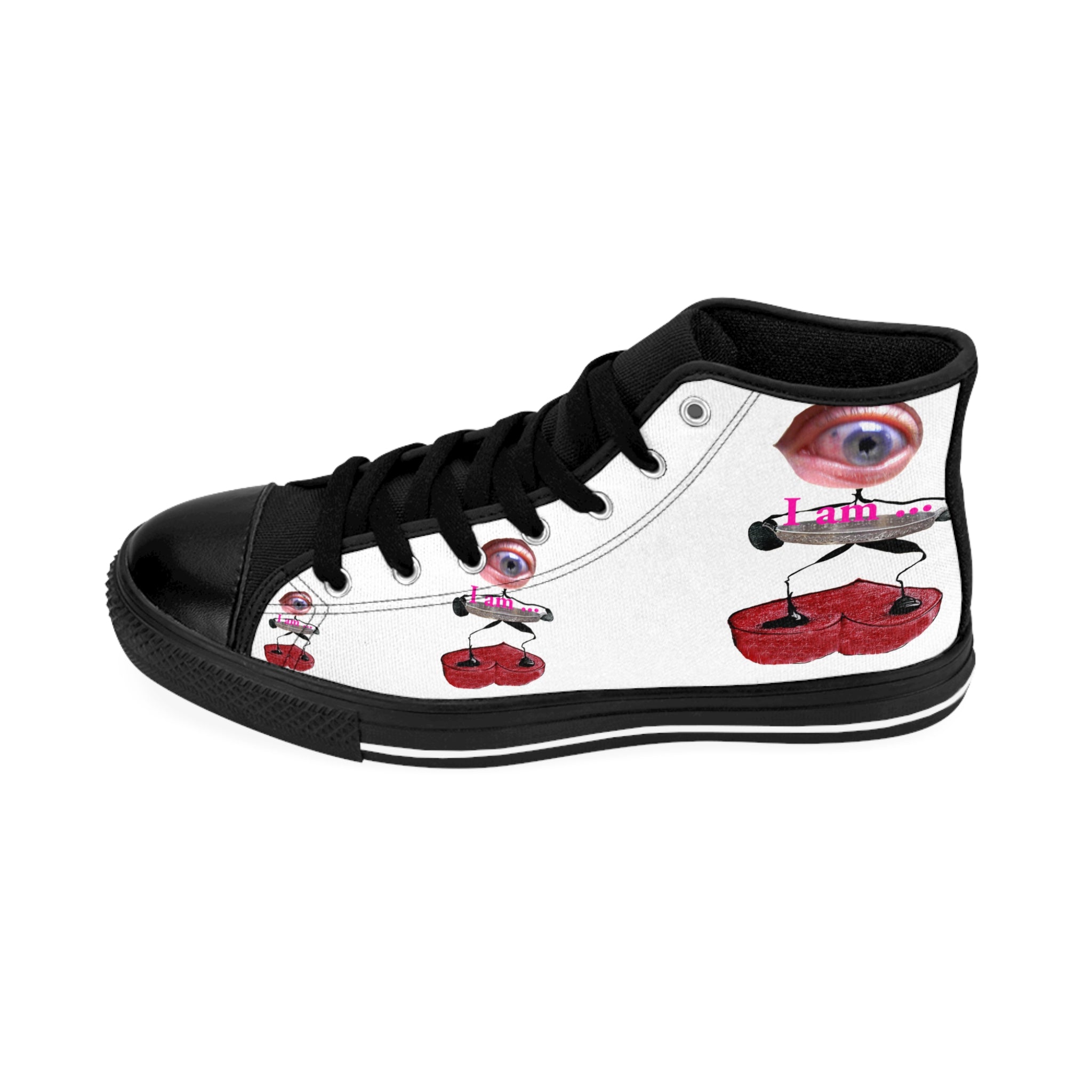 I Am – Men’s High-Top Canvas Sneakers with Surreal Eye Figure Art – White Background
